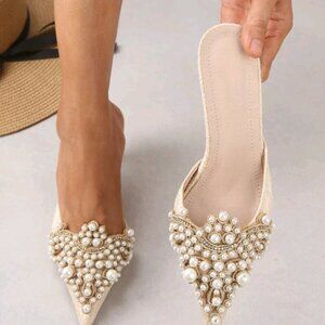 Women Faux Pearl Decor Stiletto Heeled Mules, Fashion Pumps